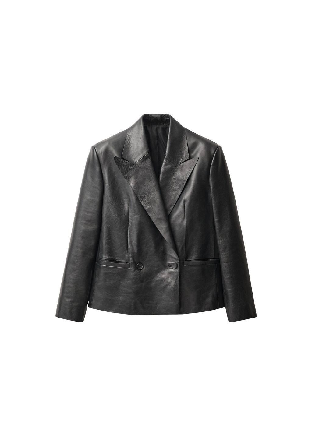 Black Double-Breasted Leather Blazer, , large image number 3