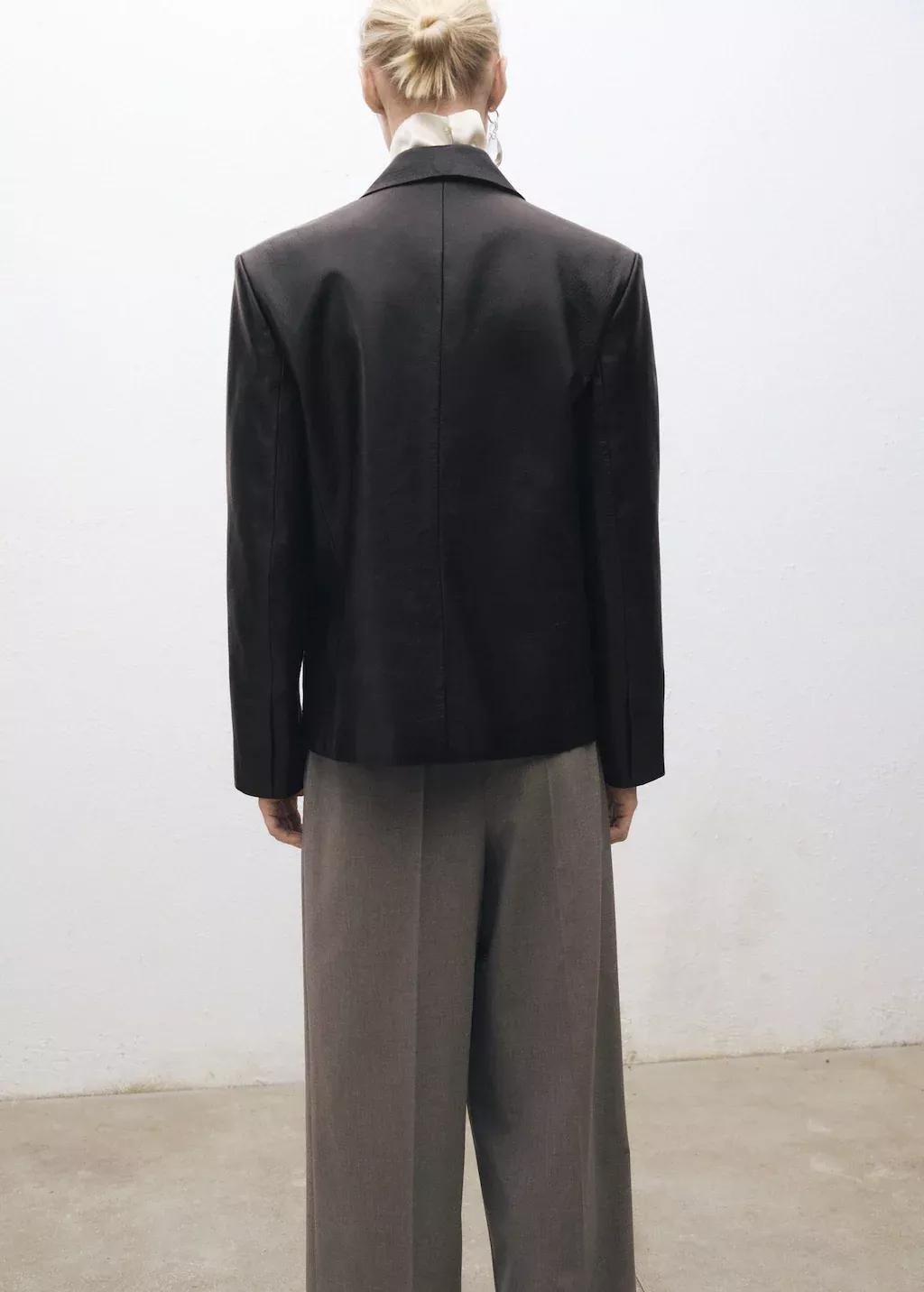 Black Double-Breasted Leather Blazer, , large image number 5