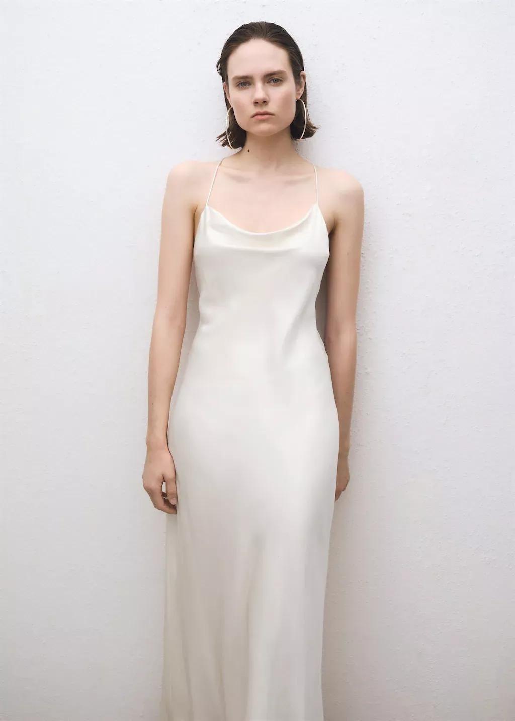 White Silk Dress With Draped Neckline, , medium