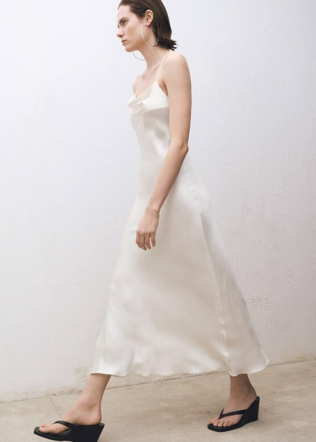 White Silk Dress With Draped Neckline, , large image number 1