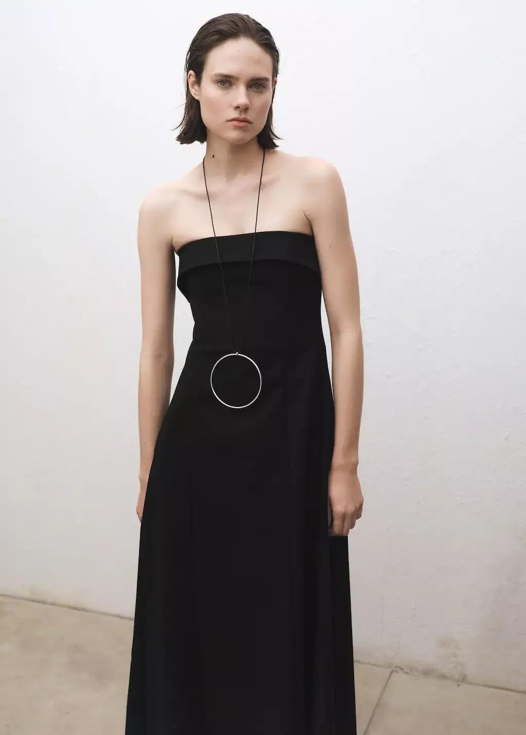 Black Plain Strapless Maxi Dress, , large image number 0