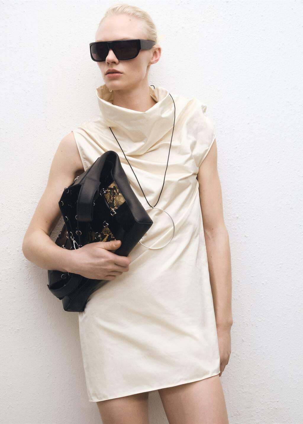 Beige Cotton Dress With Draped Collar, , large image number 2