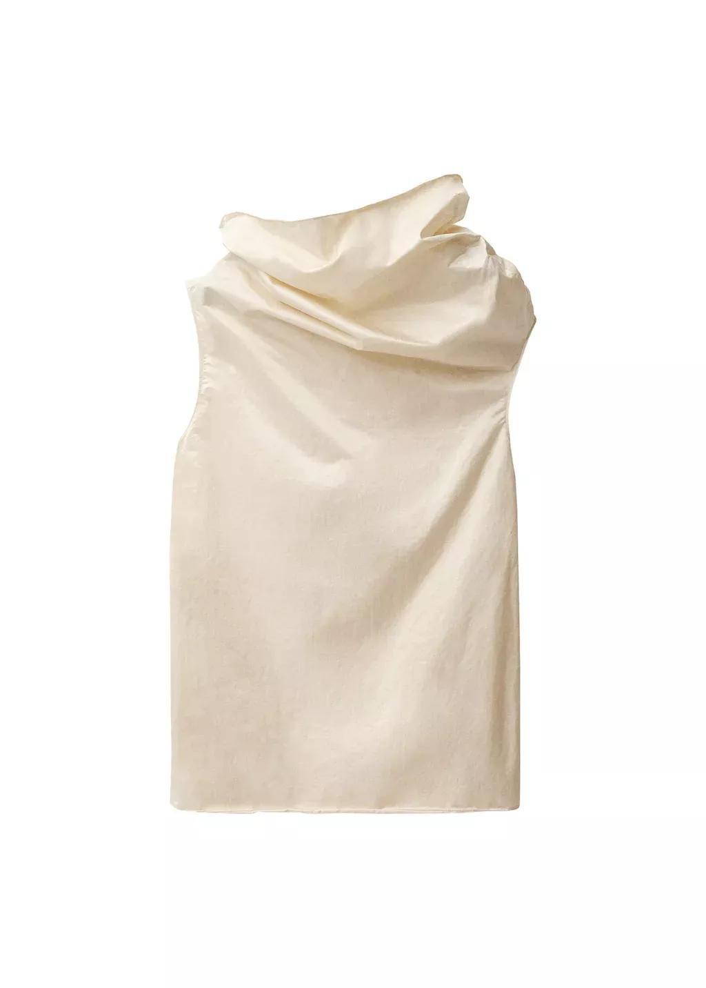 Beige Cotton Dress With Draped Collar, , large image number 3