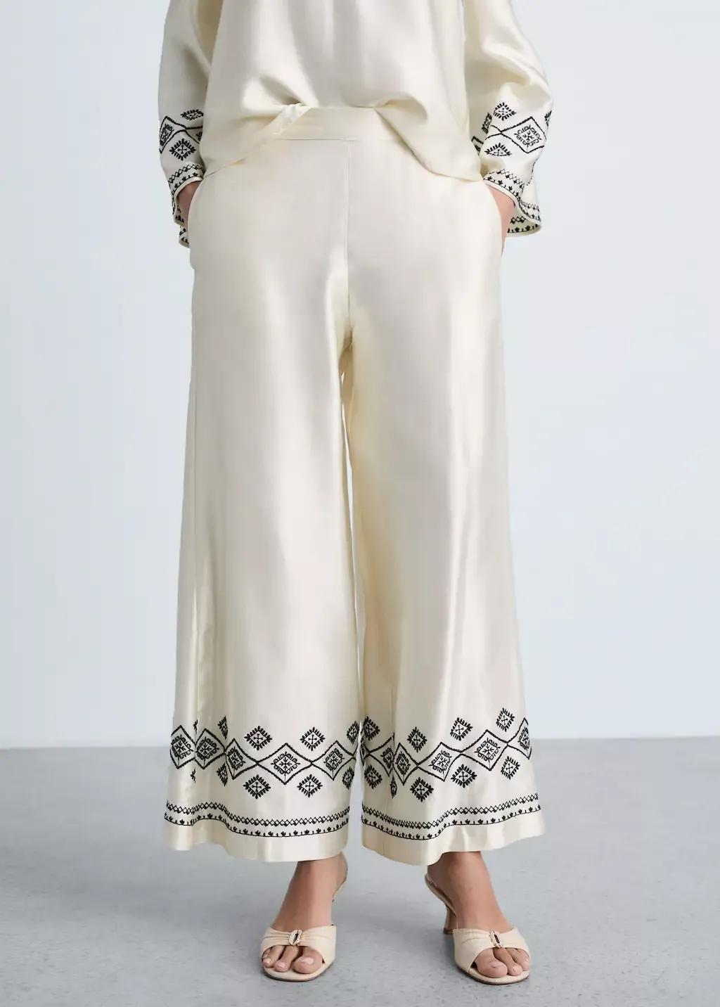 Beige Wideleg Trousers With Embroidered Hem, , medium