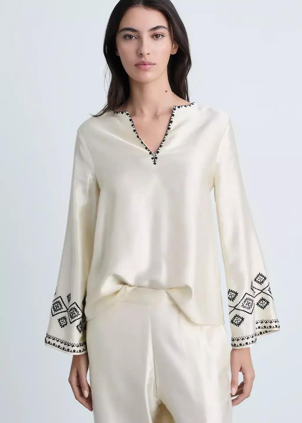 Beige Wideleg Trousers With Embroidered Hem, , large image number 1