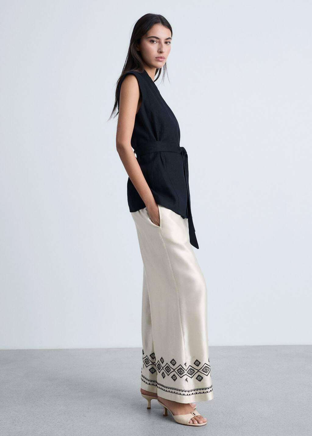 Beige Wideleg Trousers With Embroidered Hem, , large image number 2