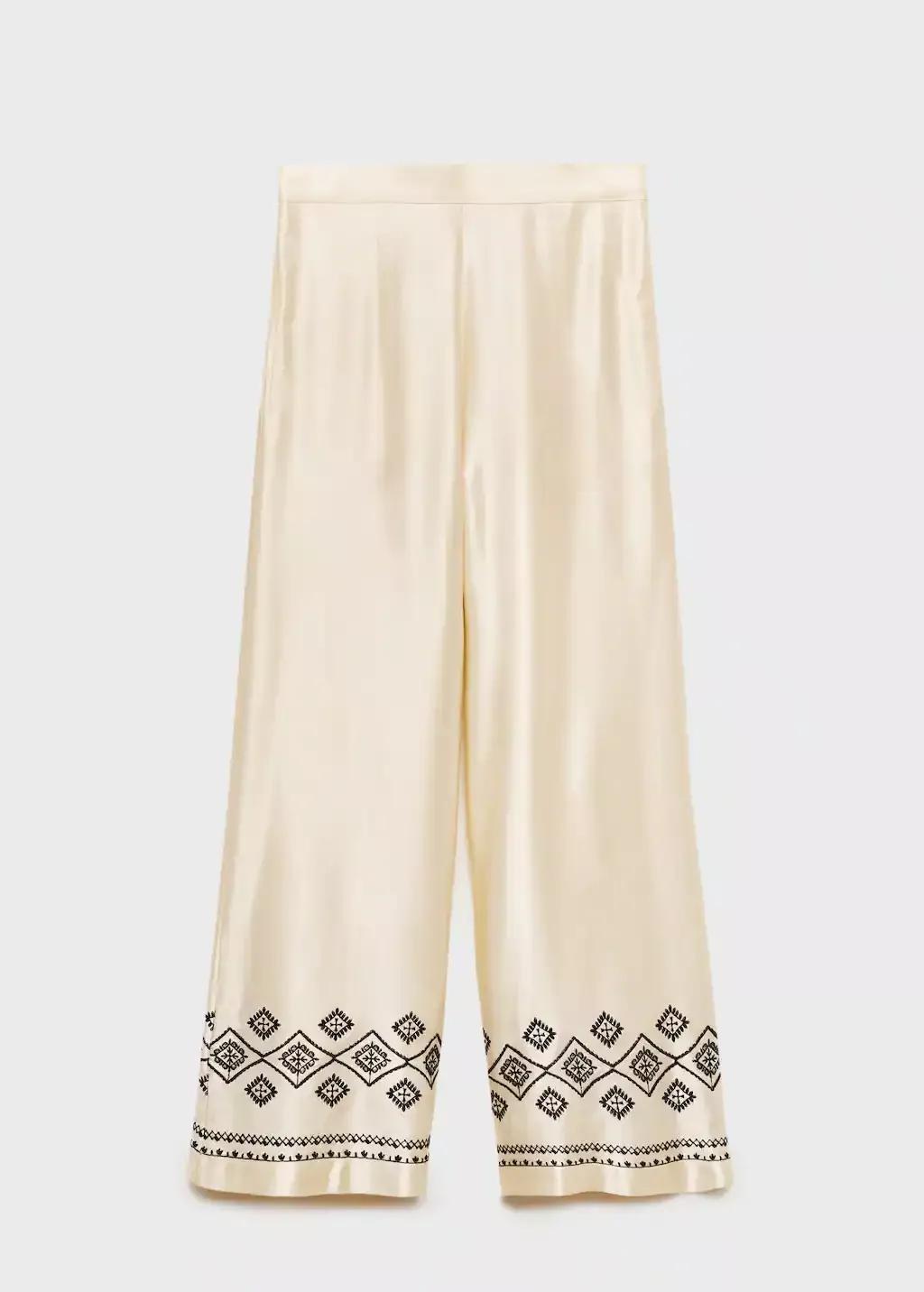 Beige Wideleg Trousers With Embroidered Hem, , large image number 3