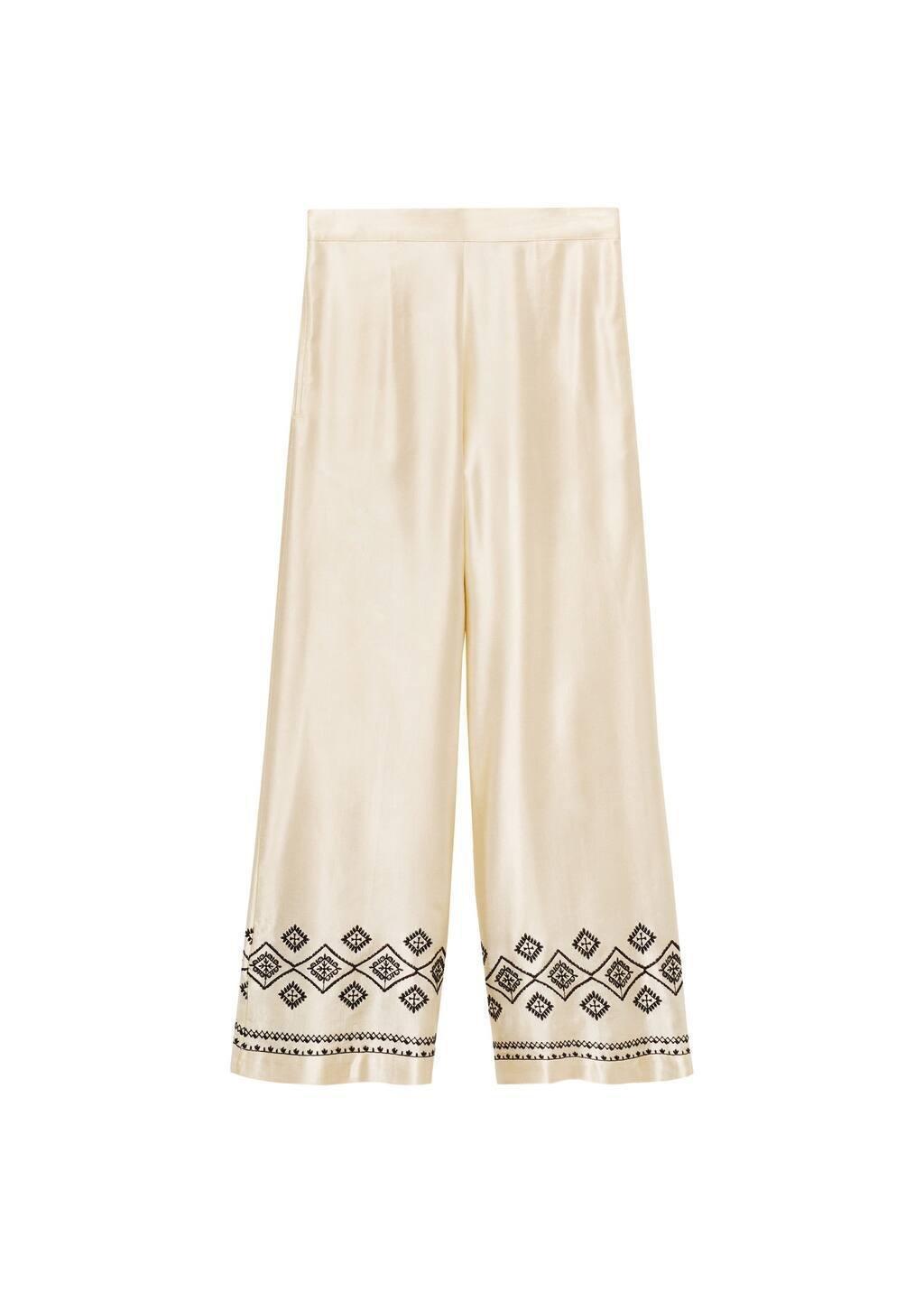 Beige Wideleg Trousers With Embroidered Hem, , large image number 3