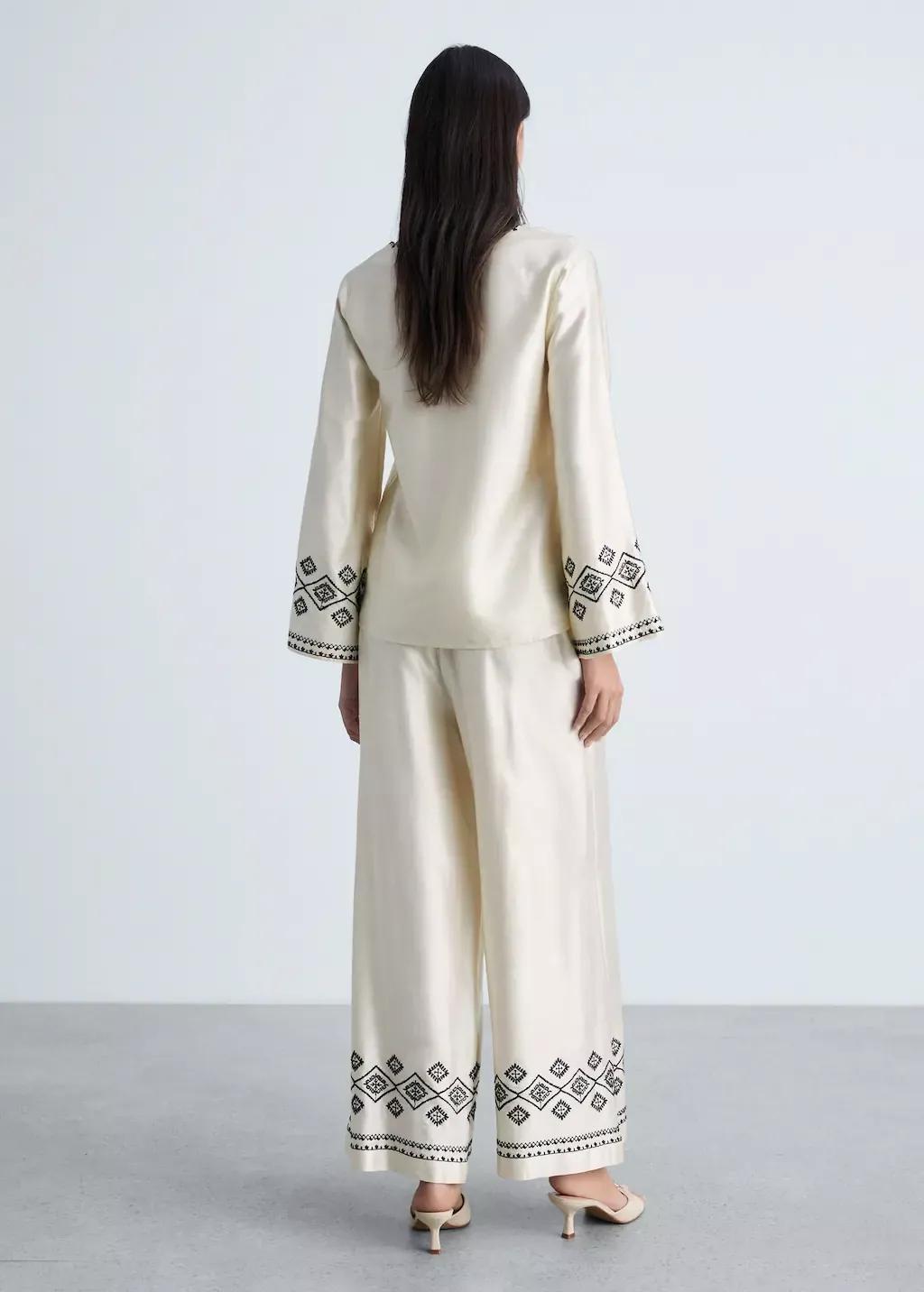 Beige Wideleg Trousers With Embroidered Hem, , large image number 5