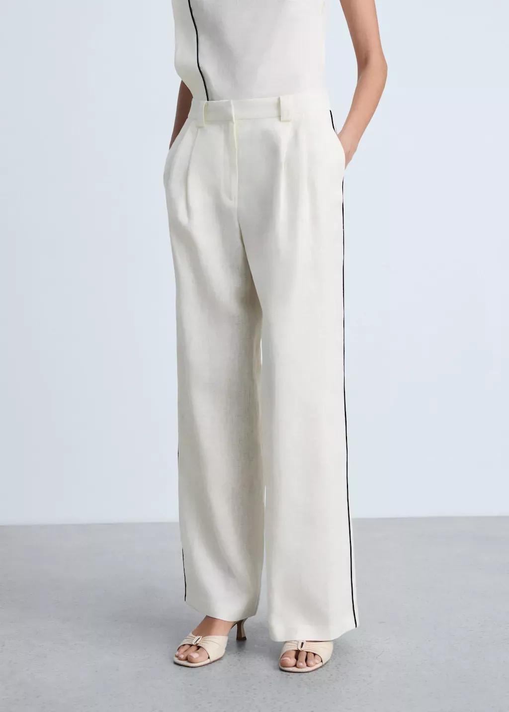 Yellow Contrast Stripe Linen Trousers, , large image number 0