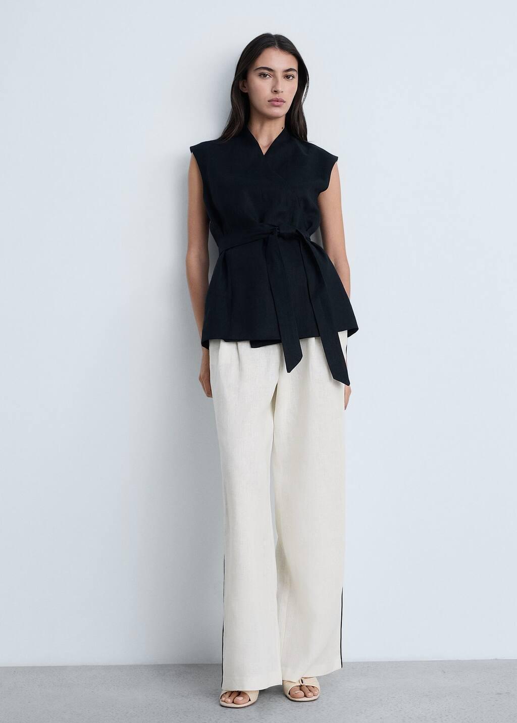 Yellow Contrast Stripe Linen Trousers, , large image number 1
