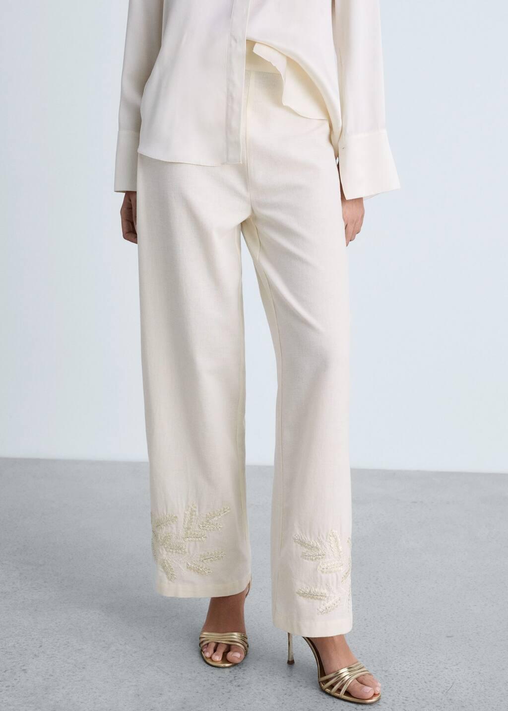 White Embroidered Straight-Fit Trousers, , medium