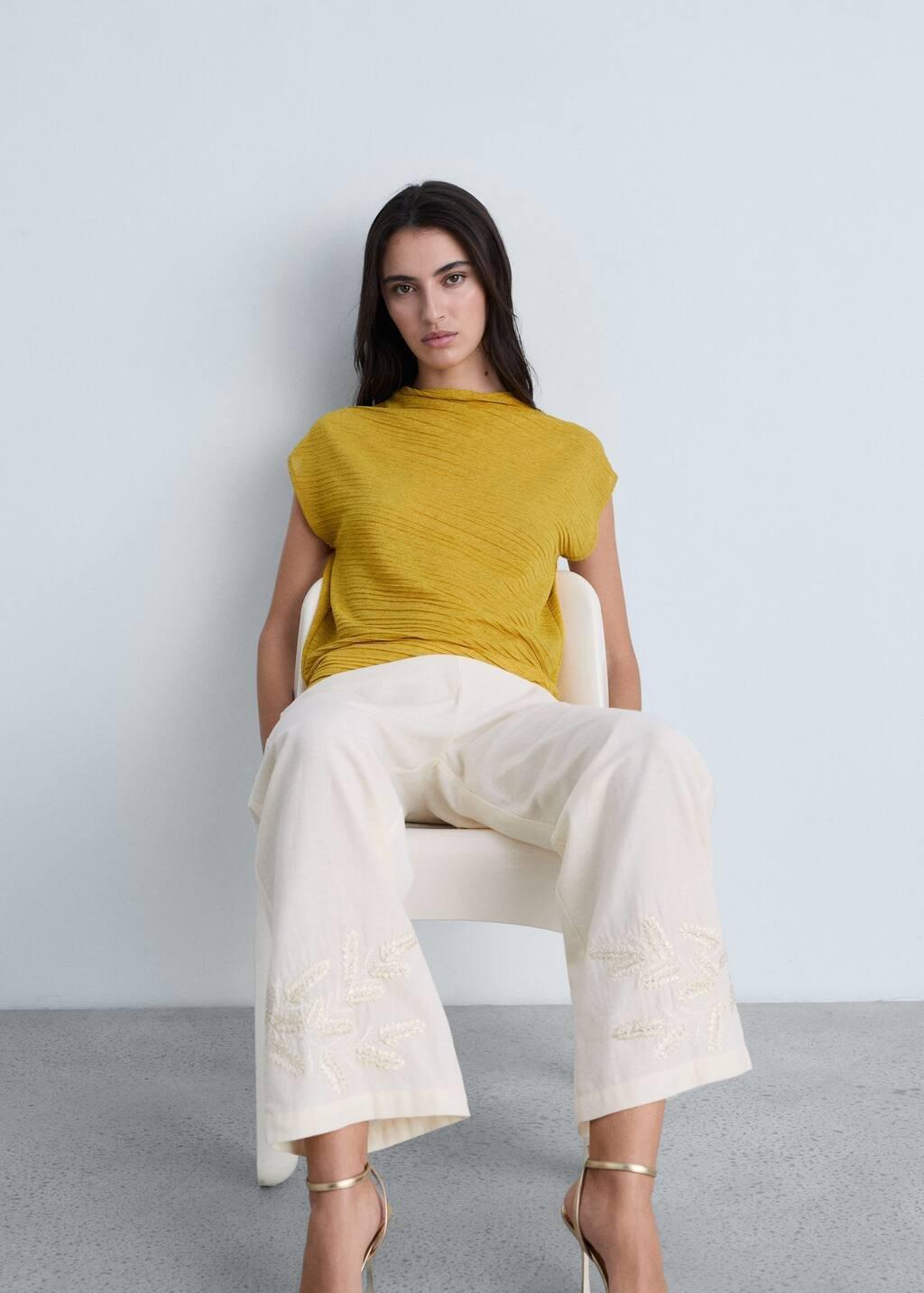 White Embroidered Straight-Fit Trousers, , large image number 1