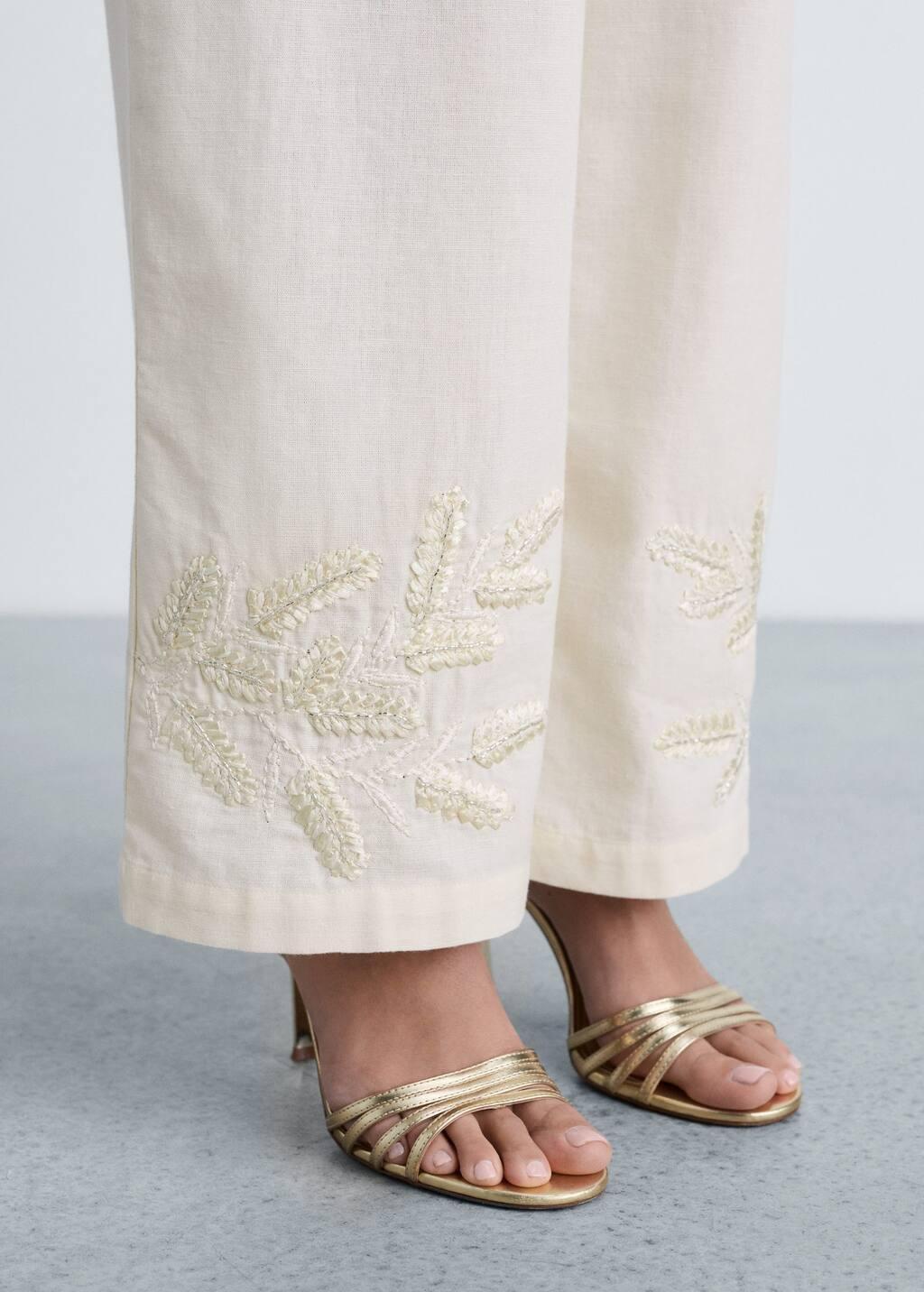 White Embroidered Straight-Fit Trousers, , large image number 2