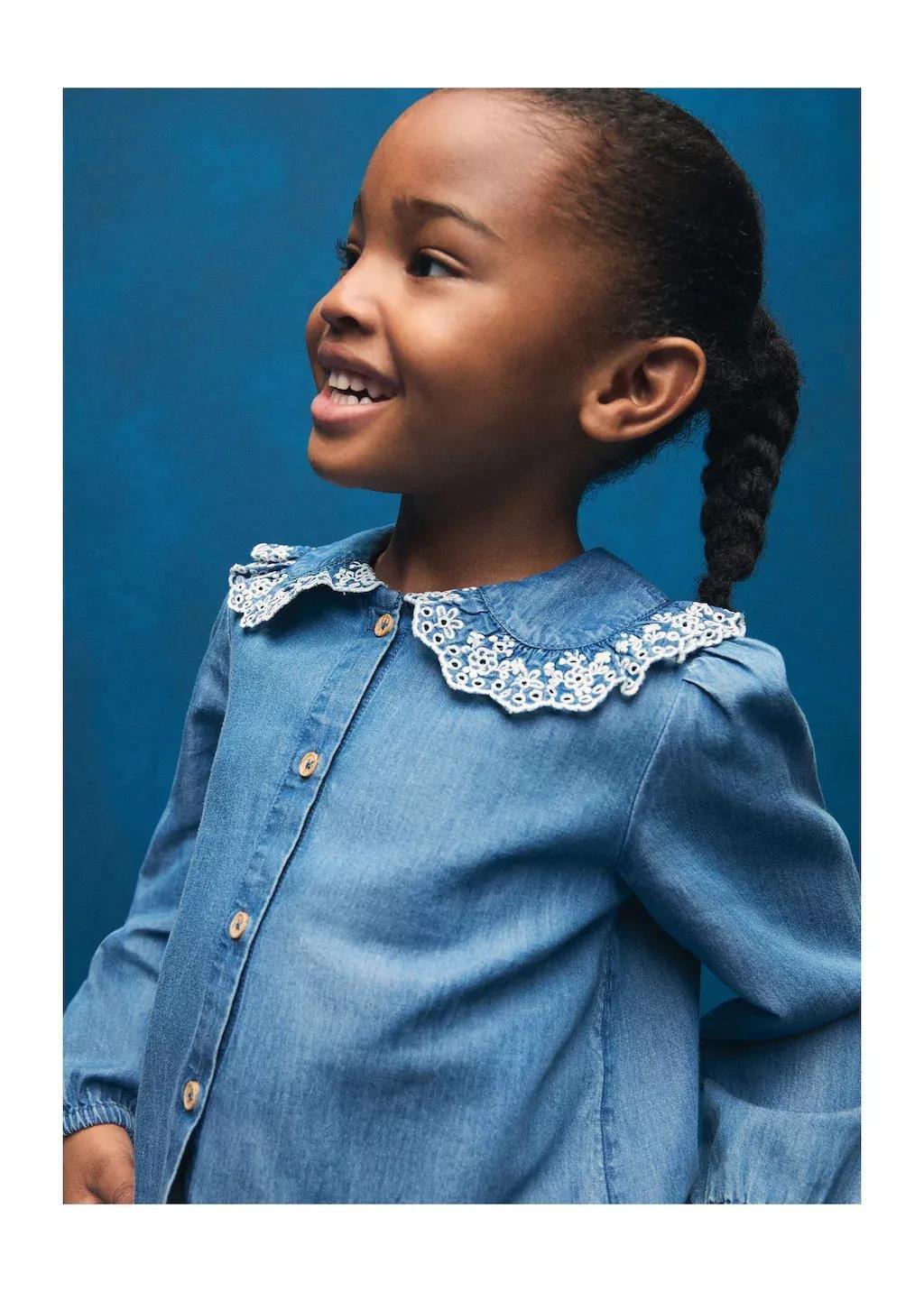 Blue Denim Cotton Plain Shirt, Kids Girls, , large image number 3