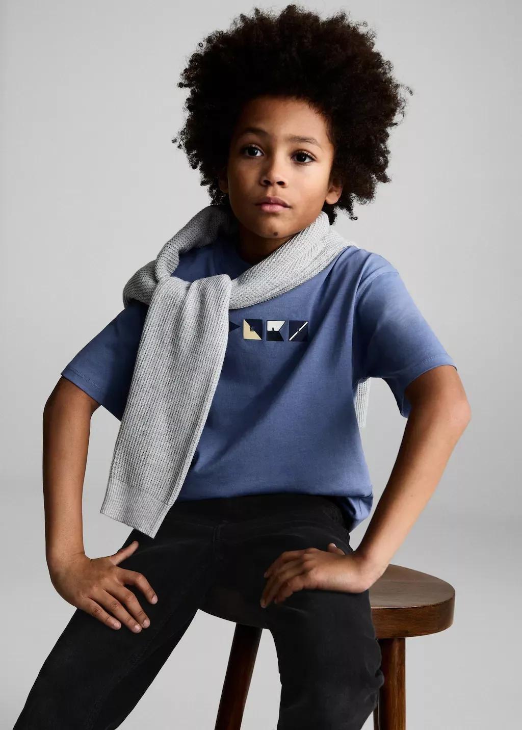 Blue Cotton T-Shirt With Printed Drawing, Kids Boy, , large image number 0