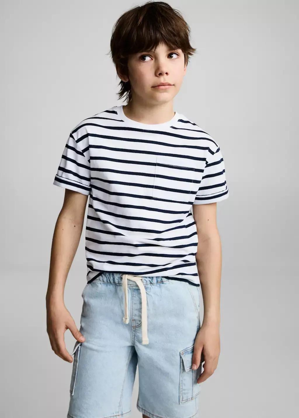 White Striped Cotton T-Shirt, Kids Boy, , large image number 1
