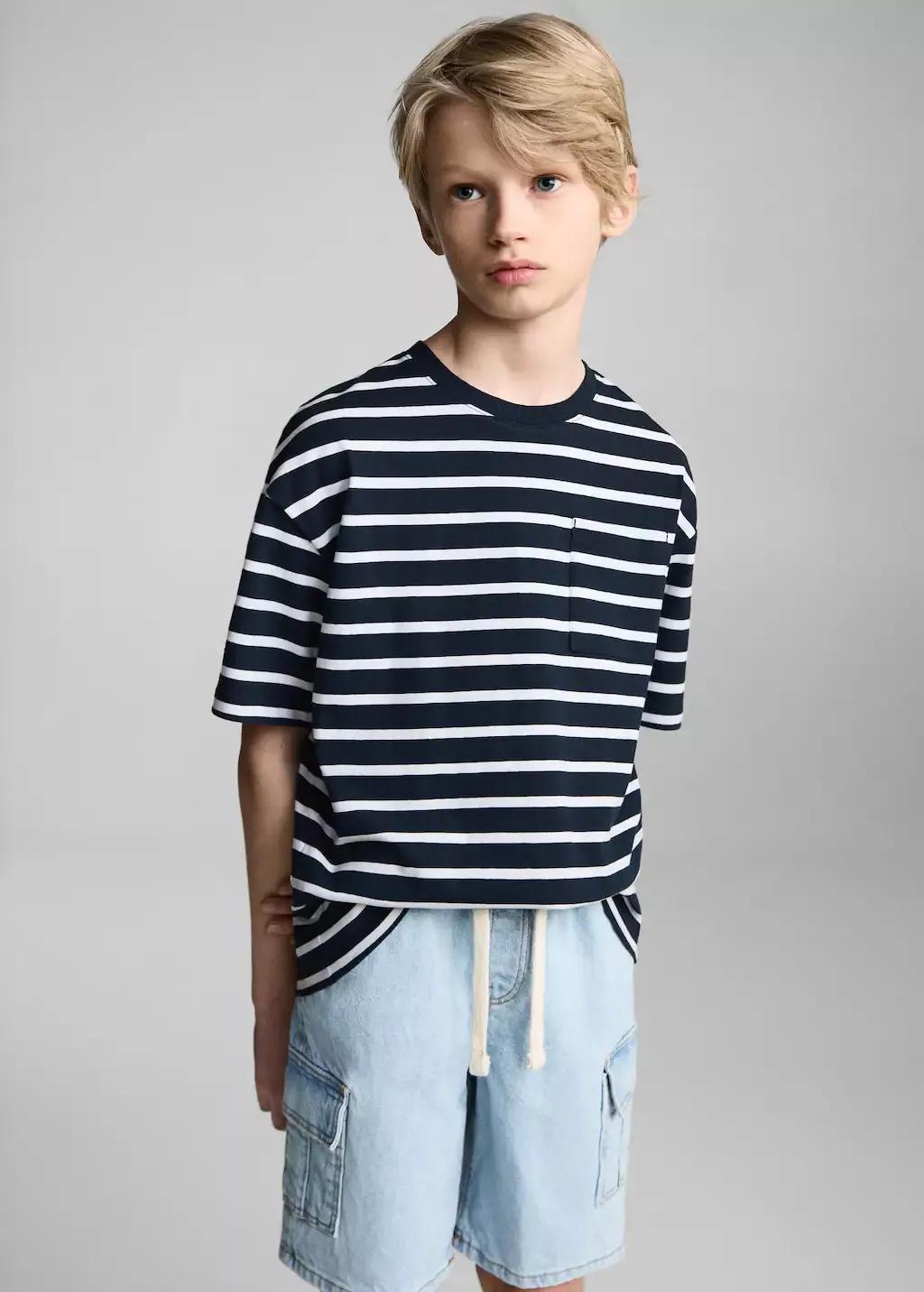 Navy Striped Cotton T-Shirt, Kids Boy, , large image number 1