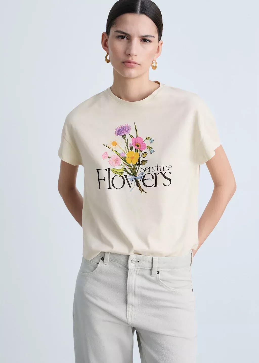 Beige Cotton T-Shirt With Printed Message, , medium