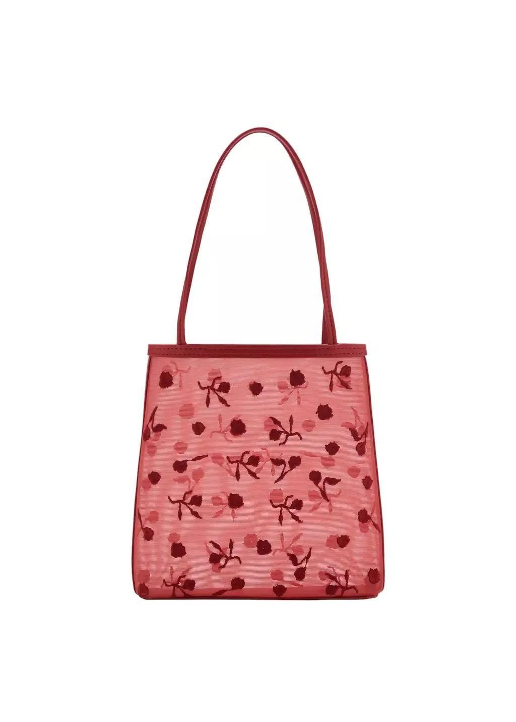Red Flower-Embroidered Mesh Bag, Red, large image number 3