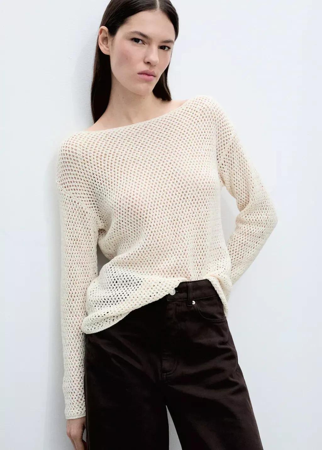 Beige Openwork Knitted Boat-Neck Sweater, , large image number 0