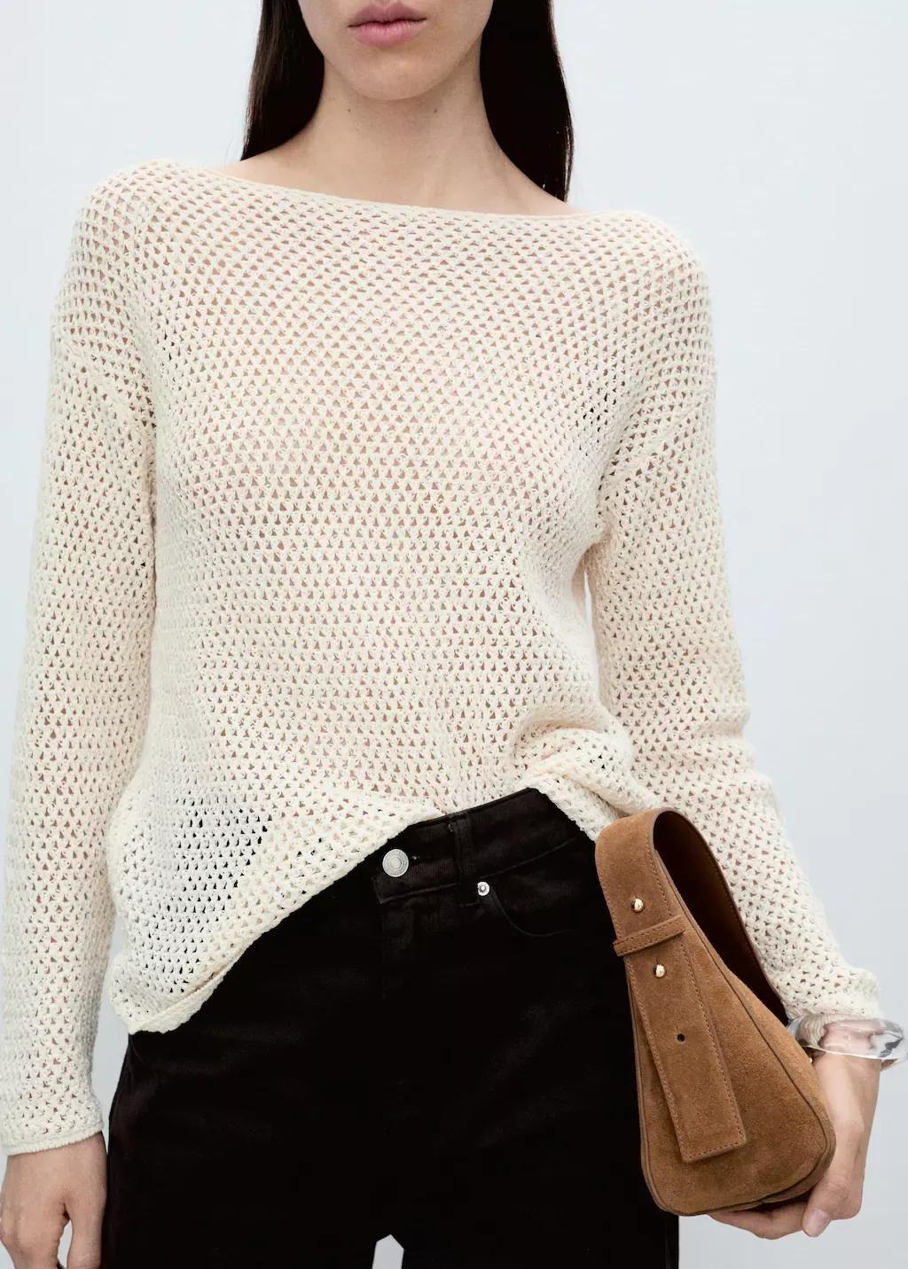 Beige Openwork Knitted Boat-Neck Sweater, , large image number 1