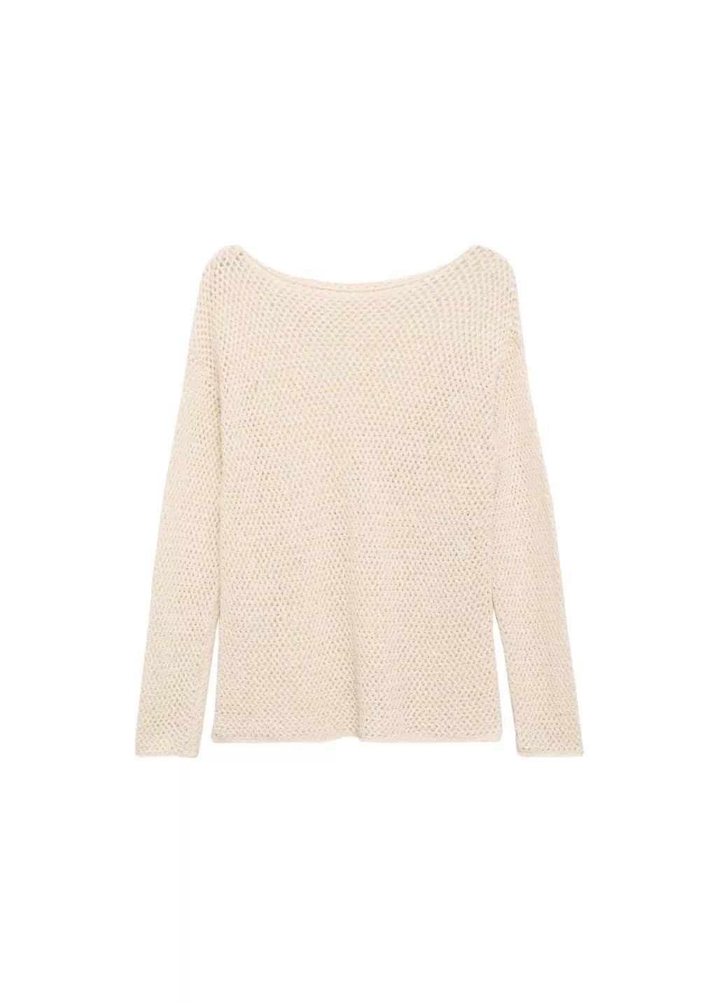 Beige Openwork Knitted Boat-Neck Sweater, , large image number 3
