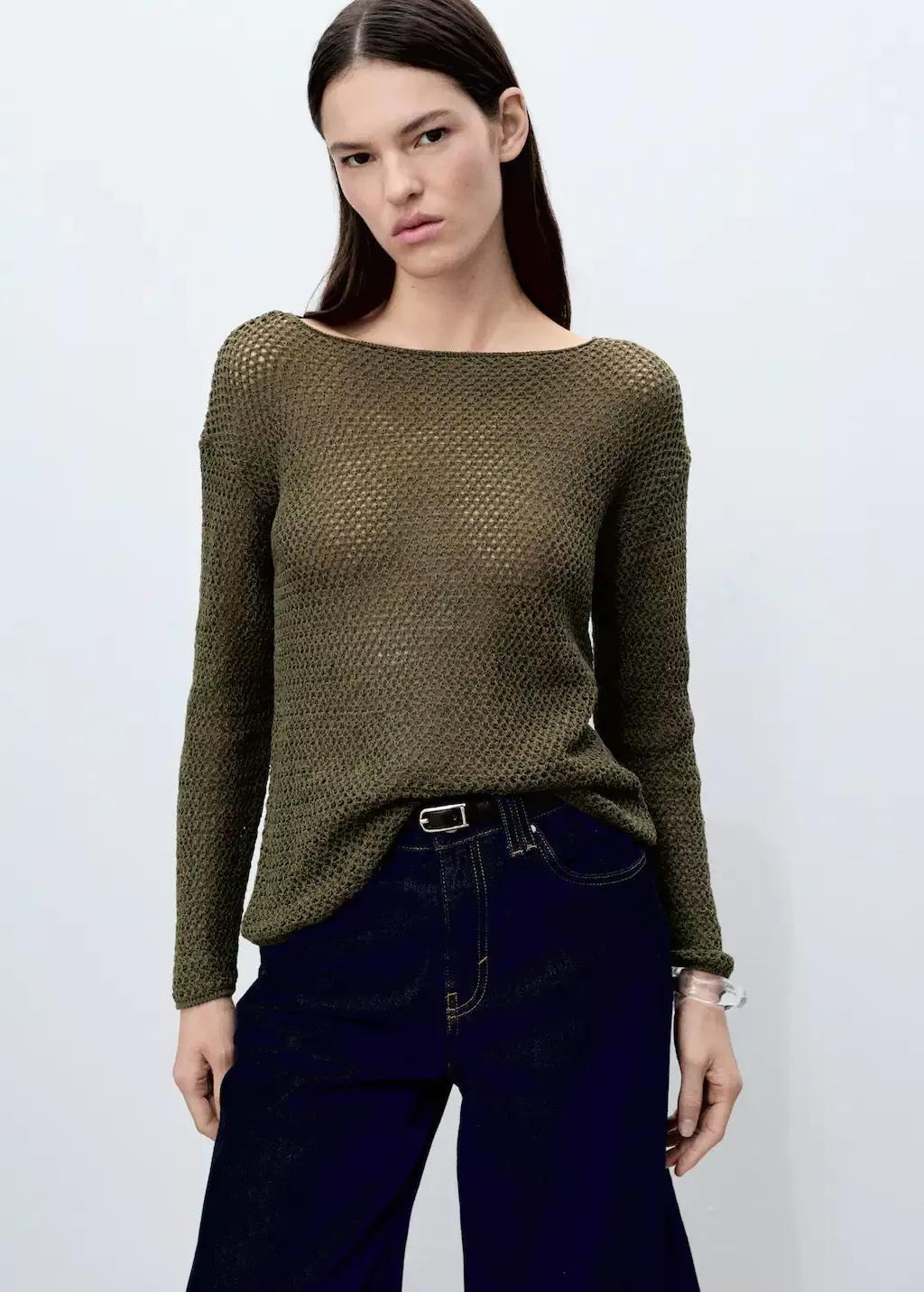 Khaki Openwork Knitted Boat-Neck Sweater, , large image number 0