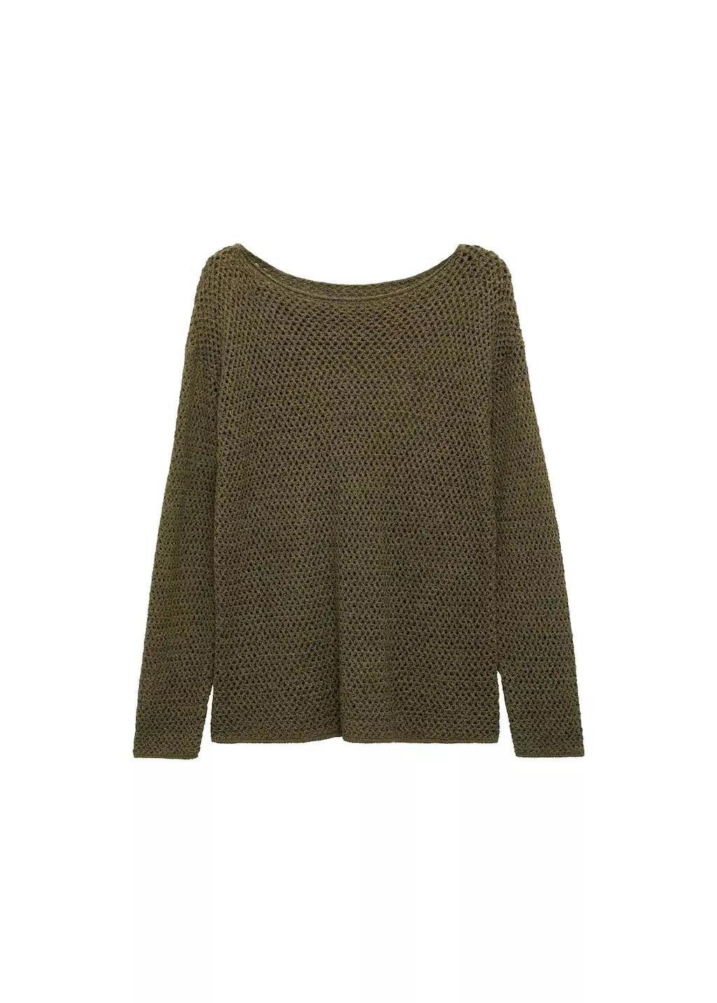 Khaki Openwork Knitted Boat-Neck Sweater, , large image number 3