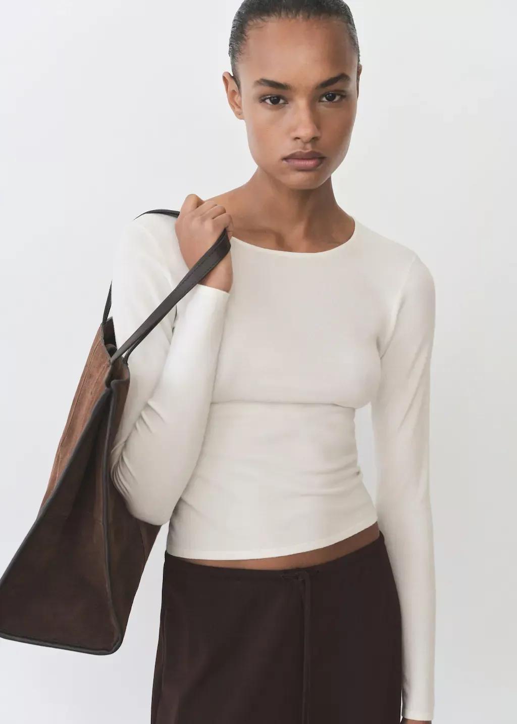 Beige Fine-Knit Fitted Sweater, , large image number 0