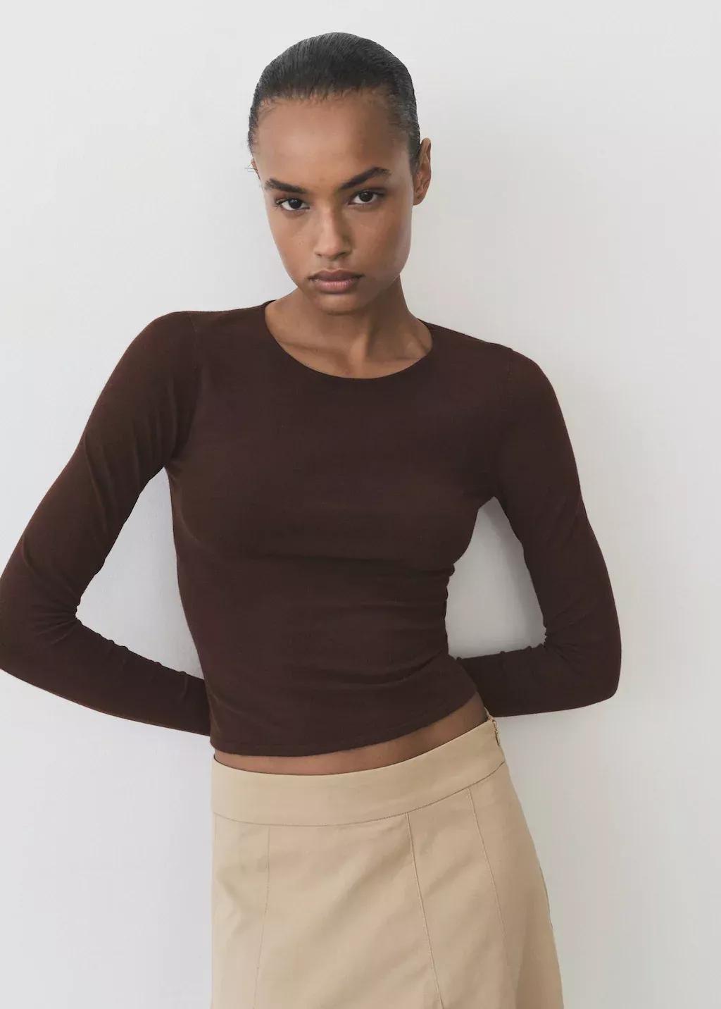 Brown Fine-Knit Fitted Sweater, , large image number 0