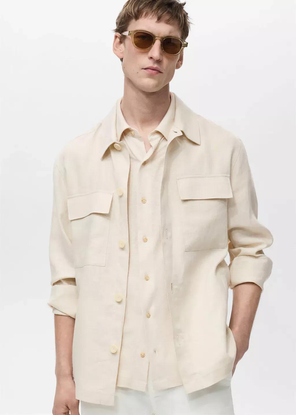 Beige 100% Linen Overshirt With Pockets, , medium