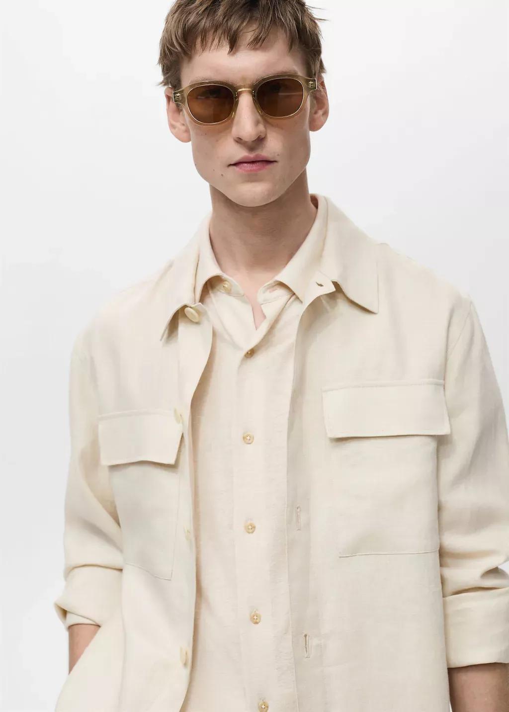Beige 100% Linen Overshirt With Pockets, , large image number 1