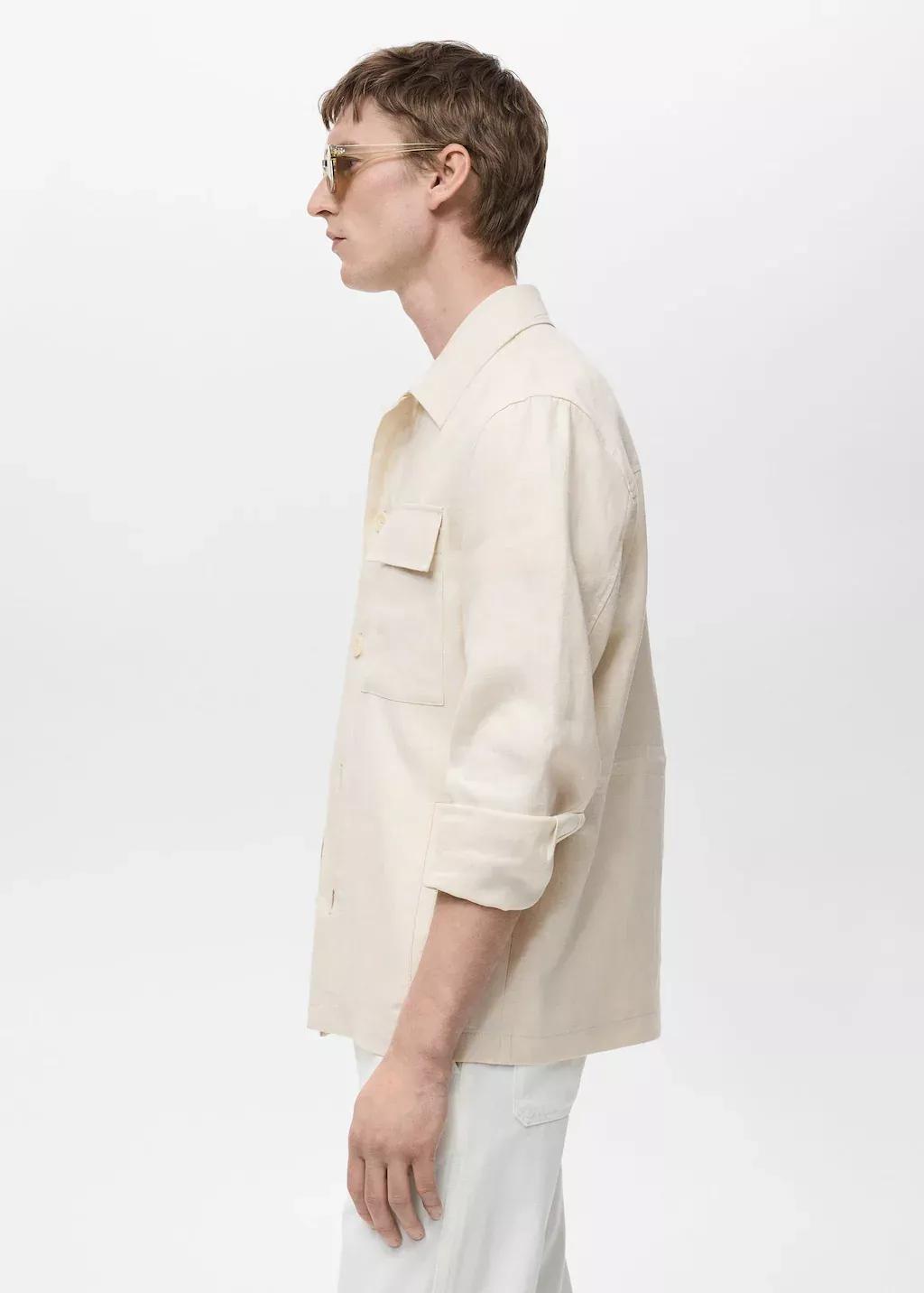 Beige 100% Linen Overshirt With Pockets, , large image number 2