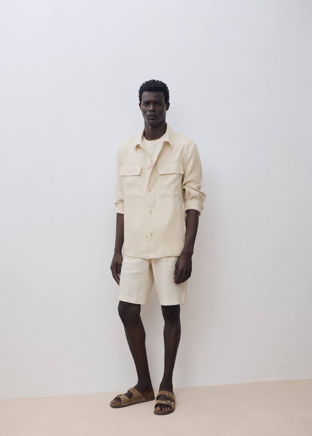 Beige 100% Linen Overshirt With Pockets, , large image number 5