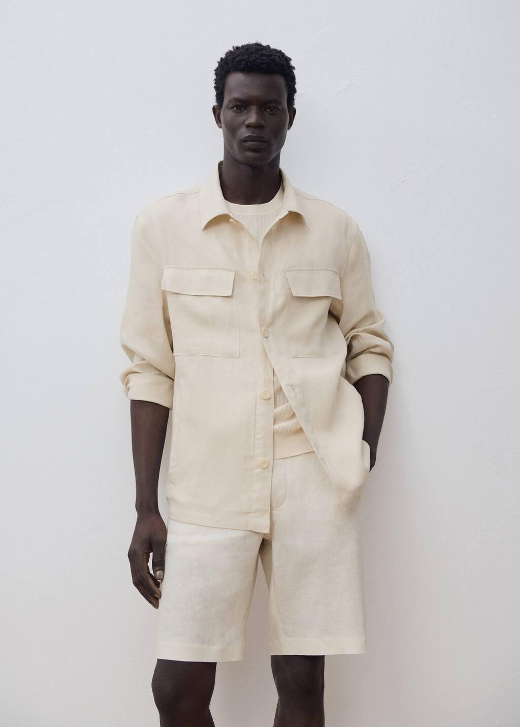 Beige 100% Linen Overshirt With Pockets, , large image number 7