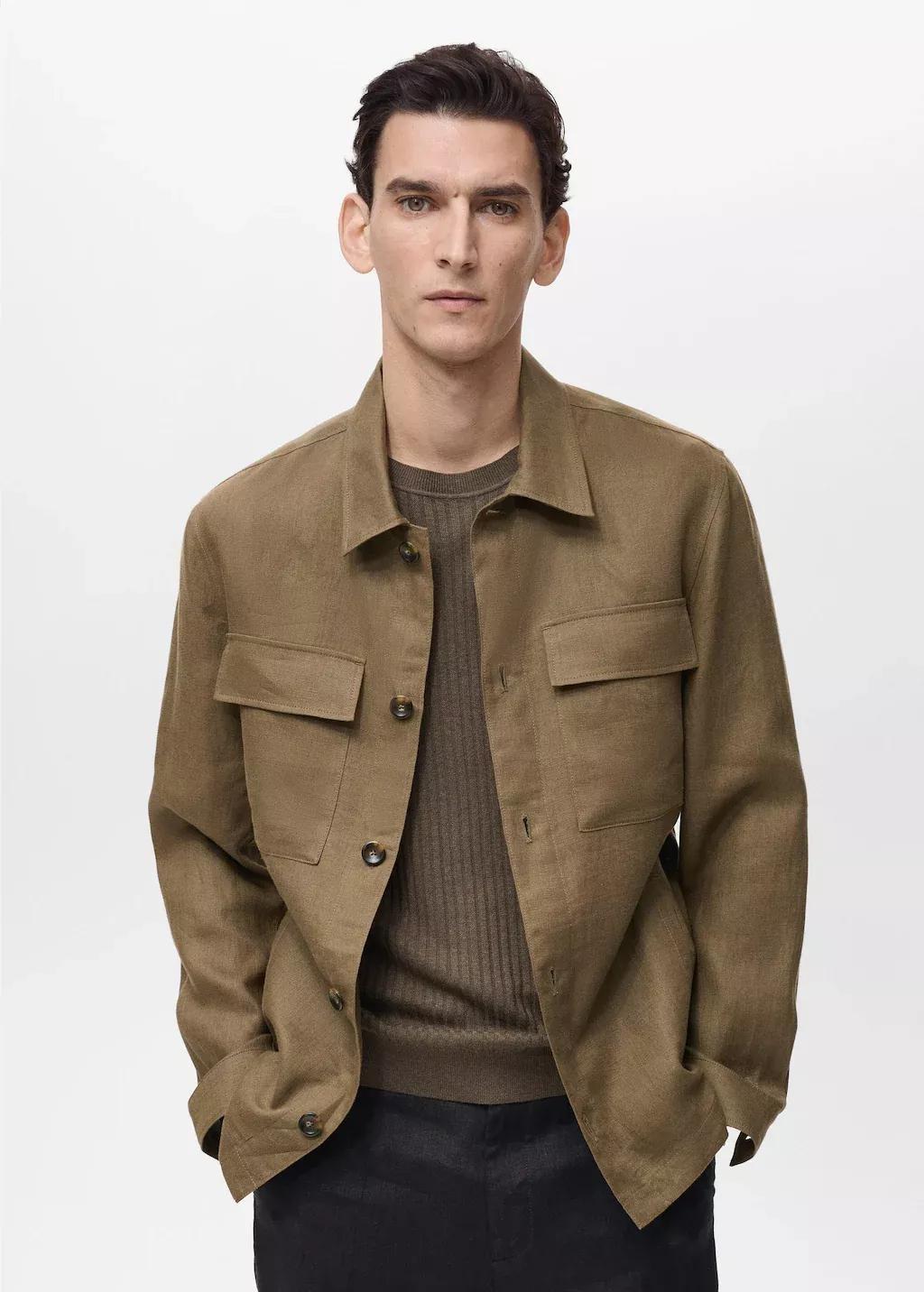 Khaki 100% Linen Overshirt With Pockets, , medium