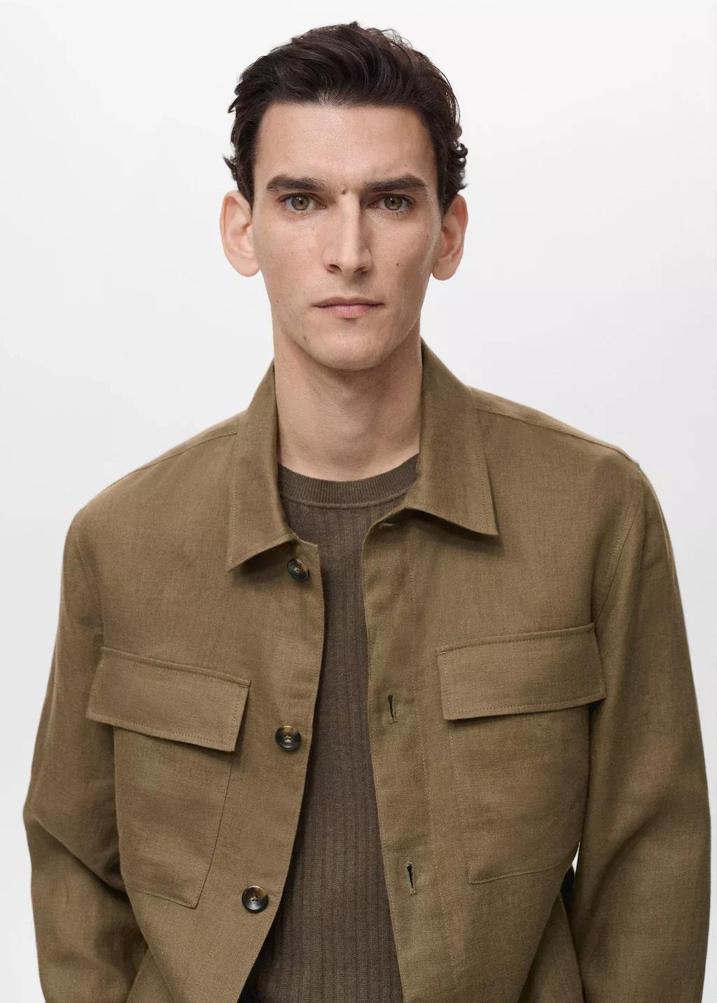 Khaki 100% Linen Overshirt With Pockets, , large image number 1