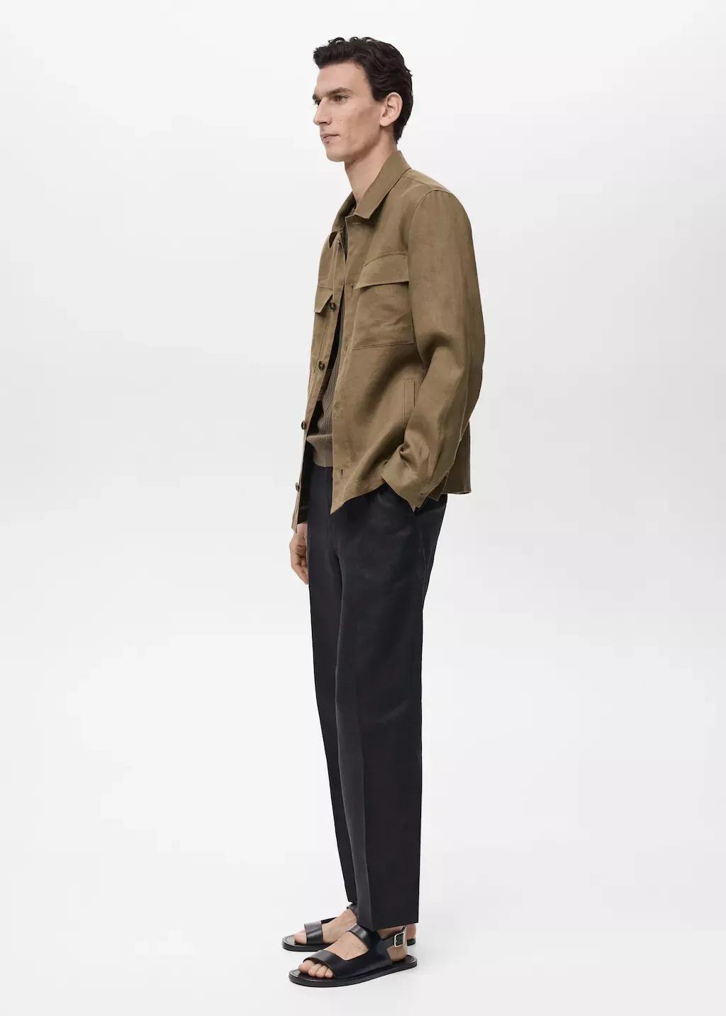 Khaki 100% Linen Overshirt With Pockets, , large image number 2
