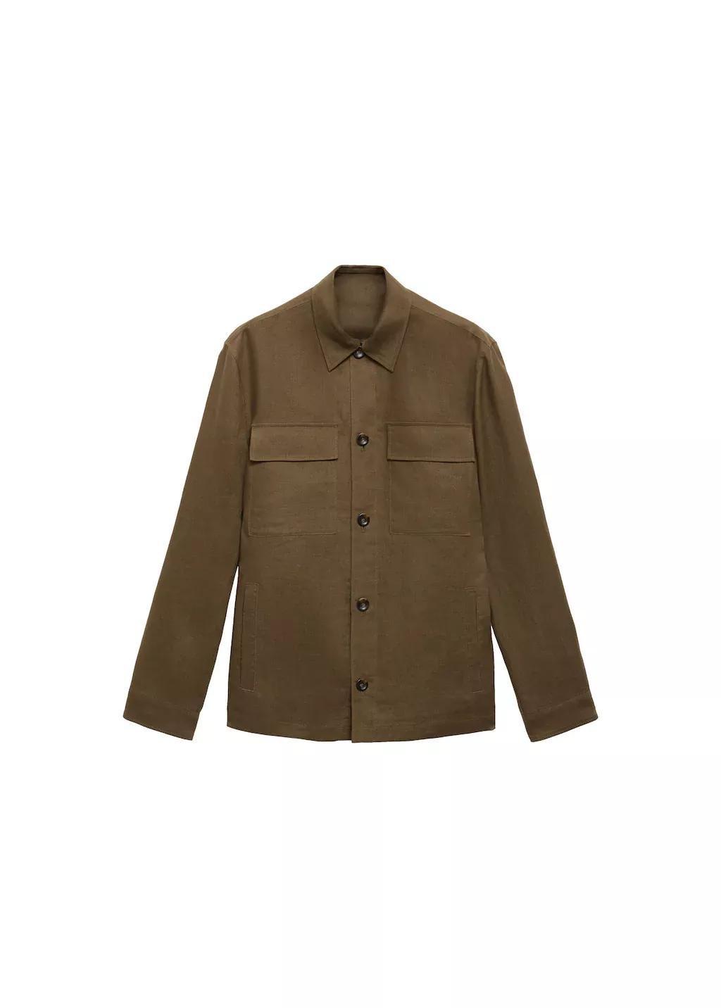 Khaki 100% Linen Overshirt With Pockets, , large image number 3