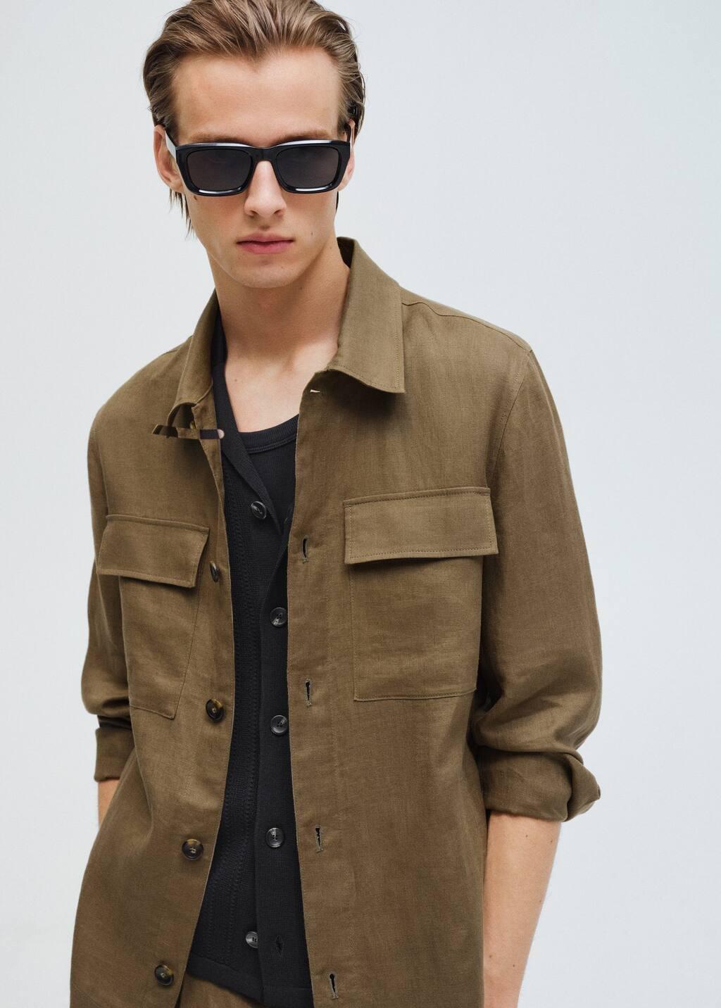 Khaki 100% Linen Overshirt With Pockets, , large image number 5
