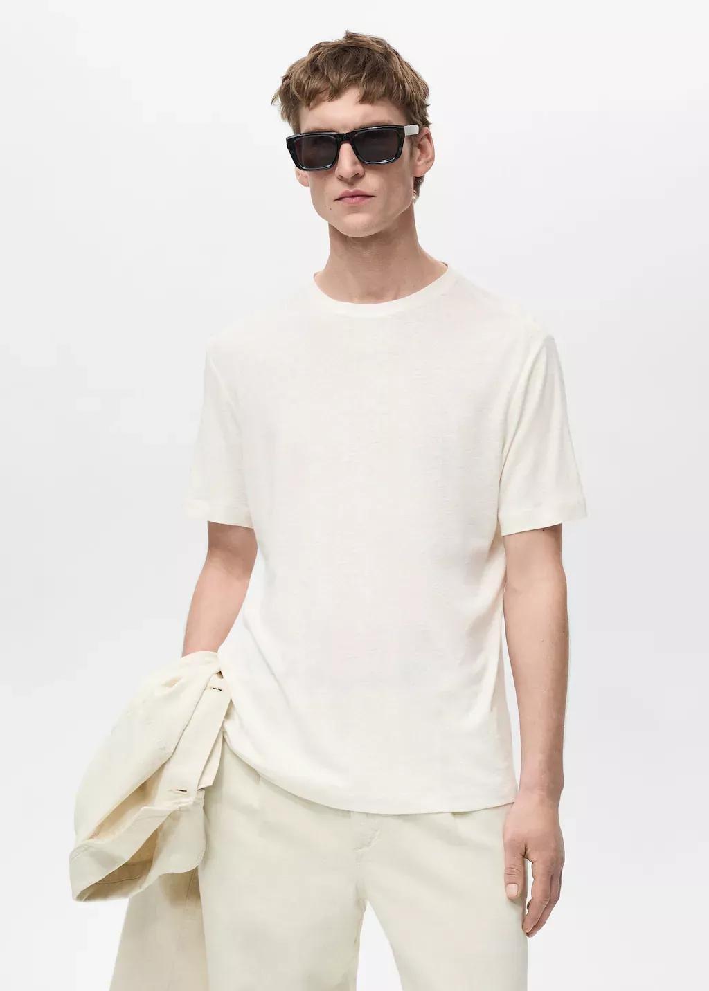 White Linen Slim-Fit T-Shirt, , large image number 0