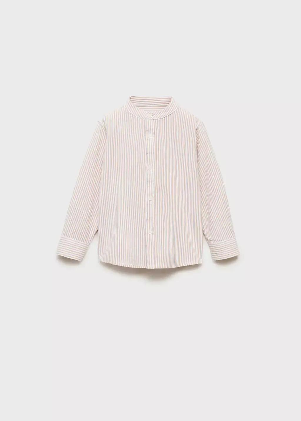 Beige Striped Mao Collar Shirt, Baby Boy, , large image number 0