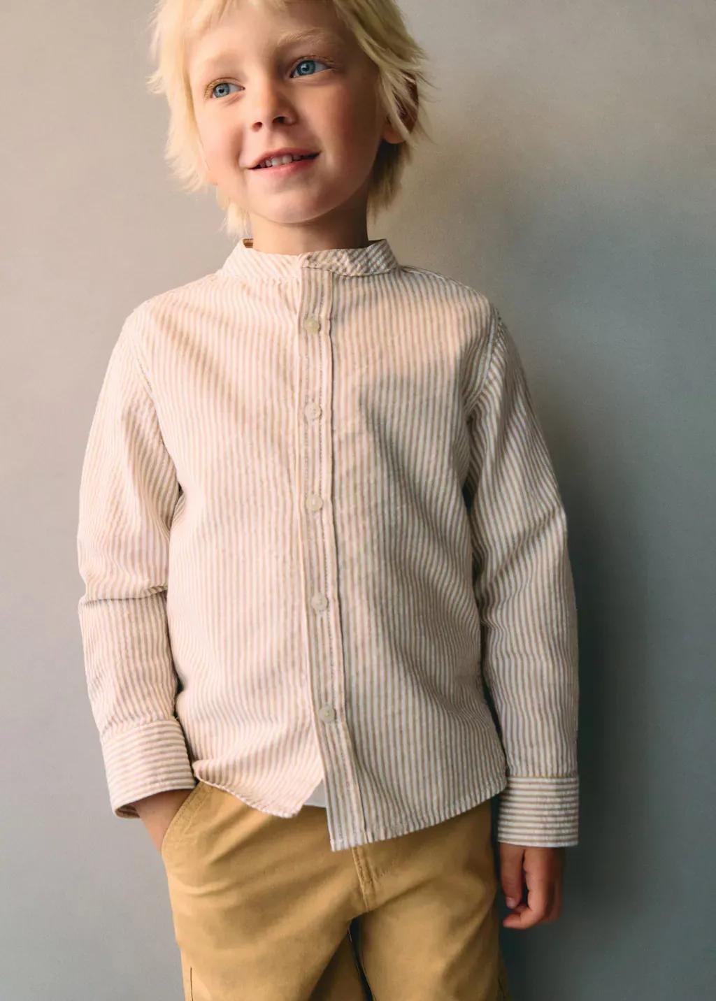 Beige Striped Mao Collar Shirt, Baby Boy, , large image number 3