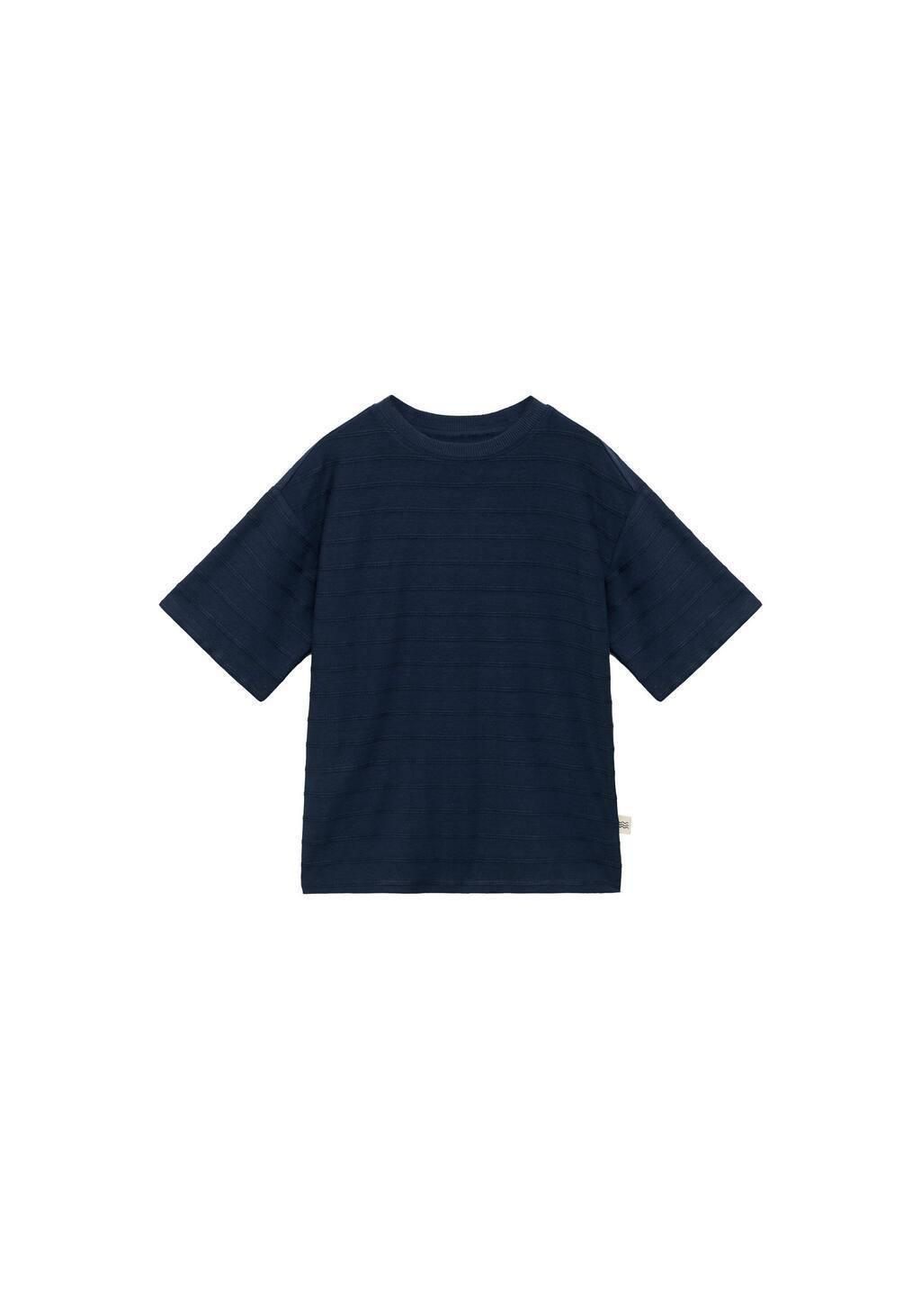 Navy Embossed Striped Cotton T-Shirt, Kids Boy, , medium