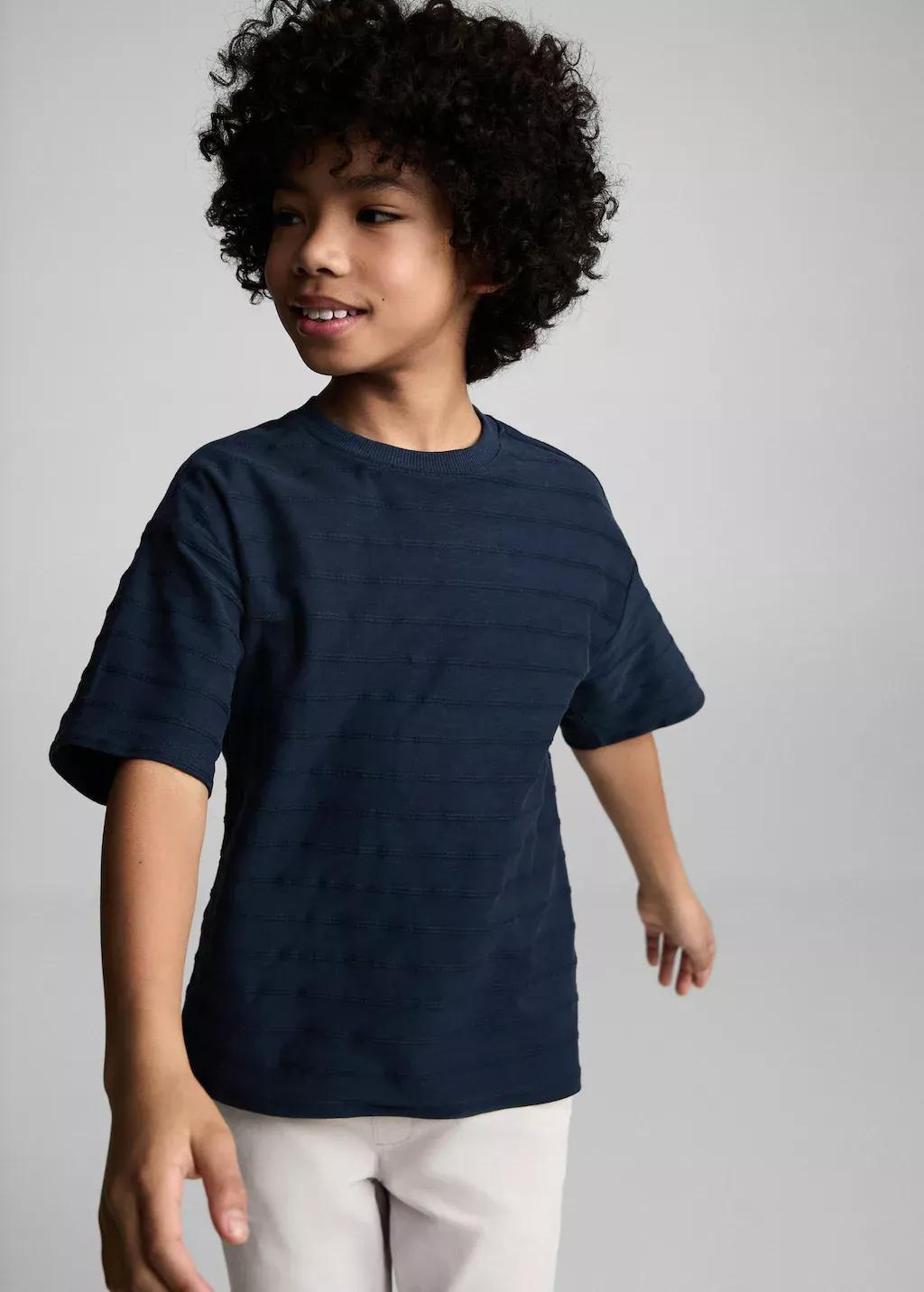 Navy Embossed Striped Cotton T-Shirt, Kids Boy, , large image number 1