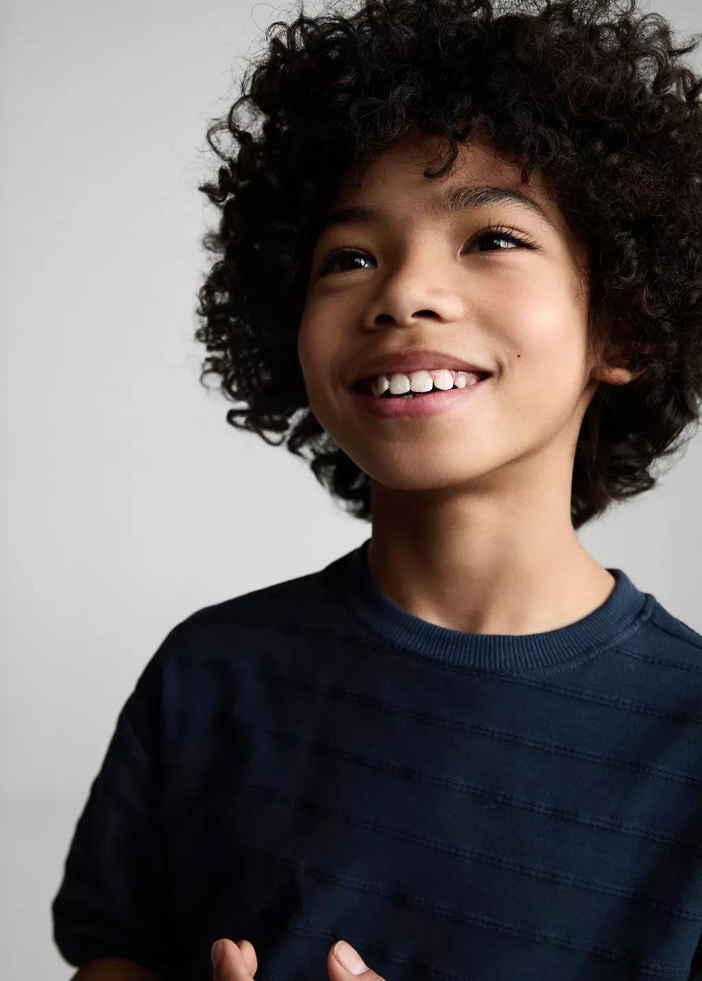 Navy Embossed Striped Cotton T-Shirt, Kids Boy, , large image number 3