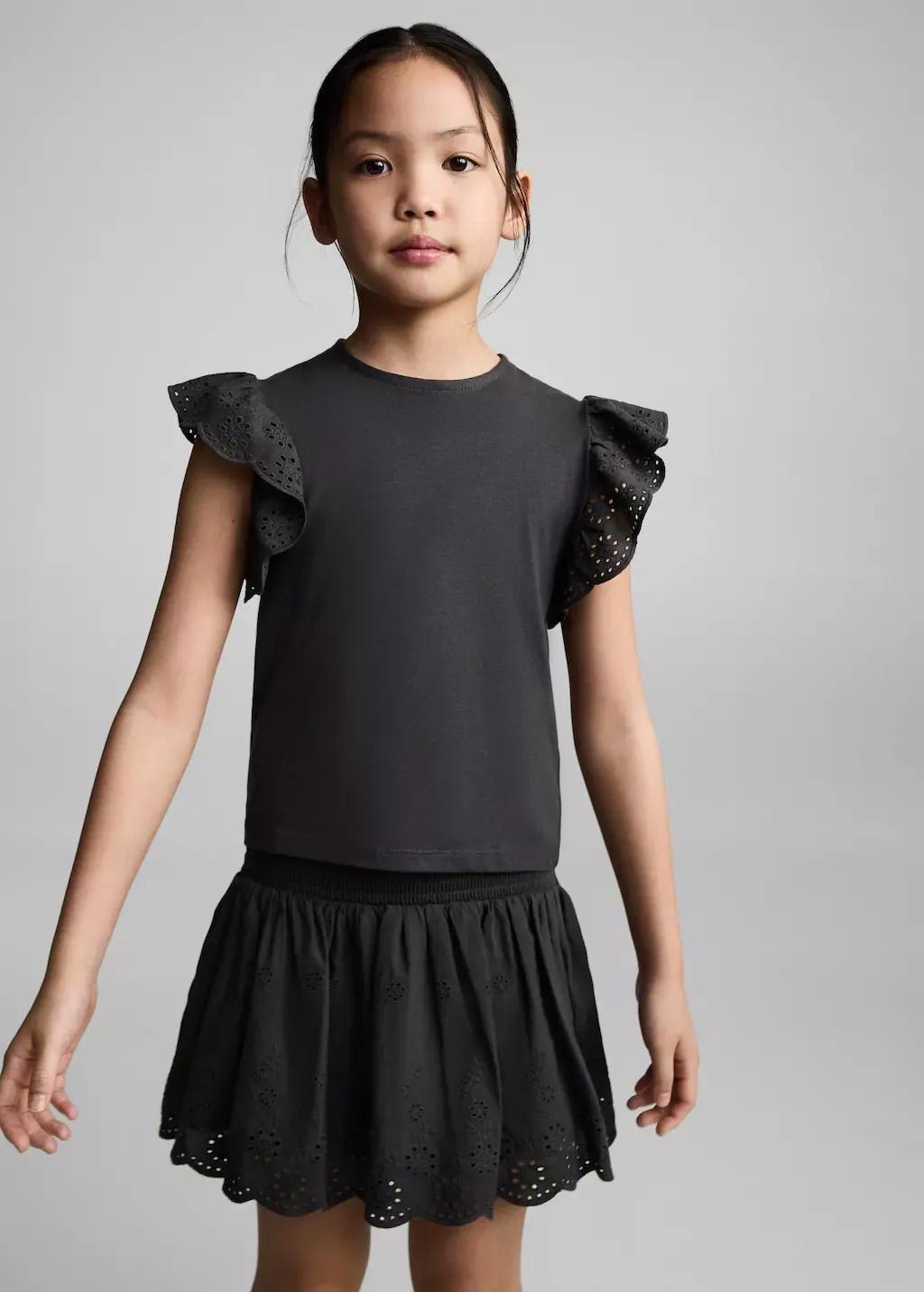 Grey English-Embroidered Cotton T-Shirt, Kids Girl, , large image number 1