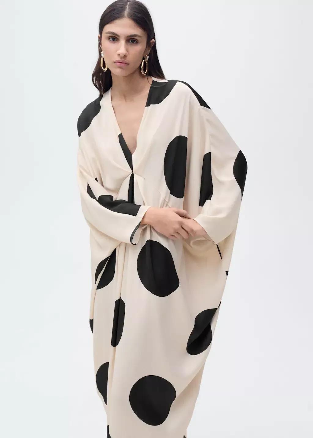 Beige Polka-Dot Draped Dress, , large image number 0