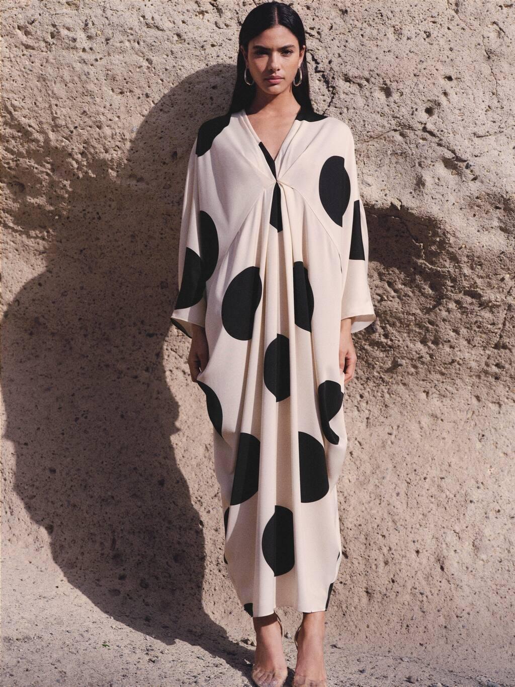 Beige Polka-Dot Draped Dress, , large image number 2